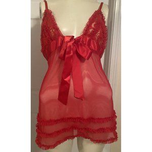 Fredericks Of Hollywood Red Lace Sheer Teddie Halter Top Negligee Size XL